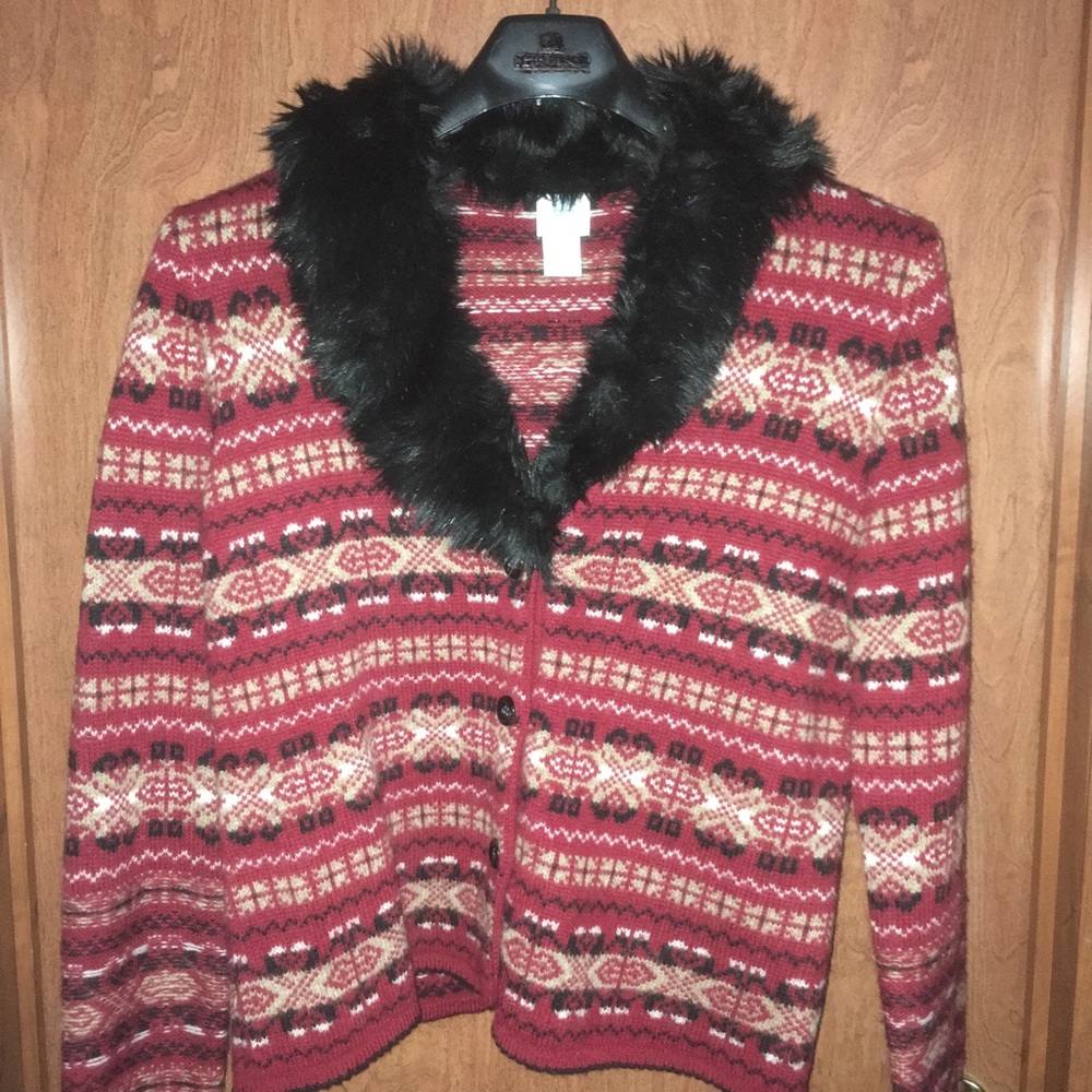 Fur Trimmed Wool Fair Isle Cardigan